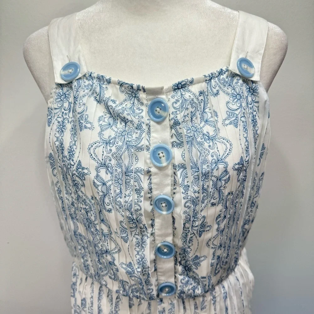 Blue & Ivory Pleated Plisse Skirt Dress KAS ModCloth Cottagecore Boho Milkmaid